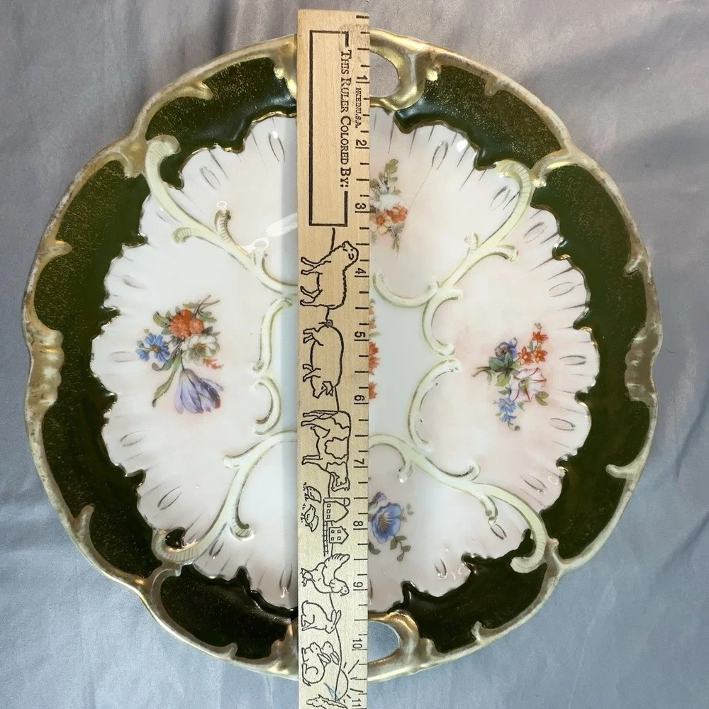 Antique Victorian Handled Cake Plate Pattern 930 Forest Green Stipple Gilt 10.5